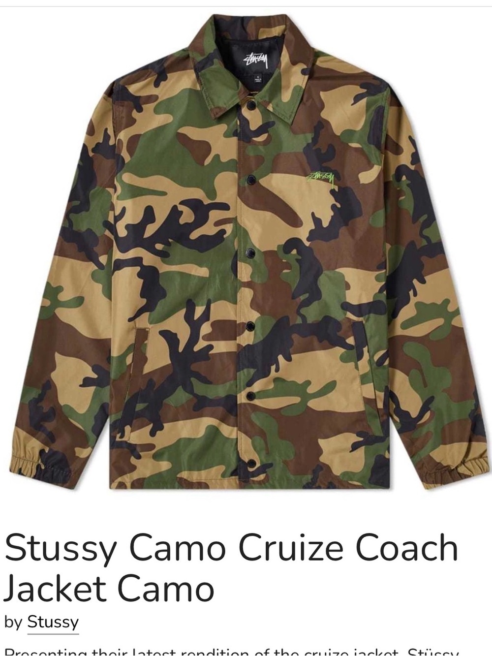 Stüssy Camo Cruize Coach Jacket SZ M Woodland Camo Hi Viz Green Logo Streetwear